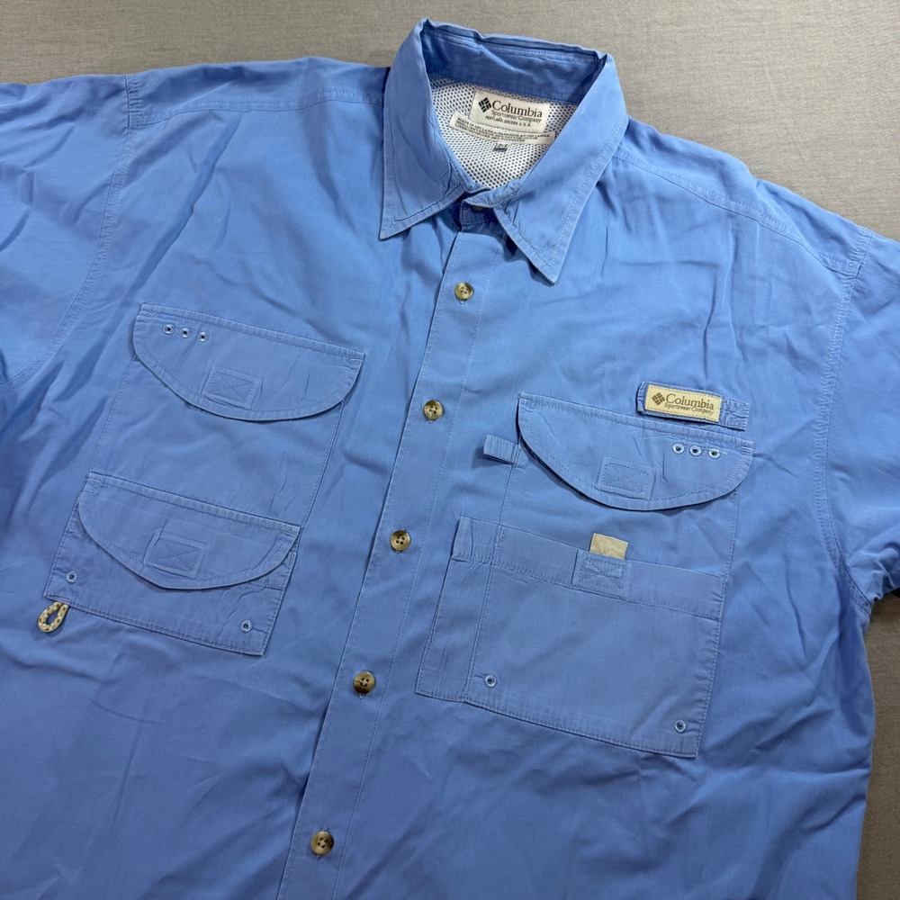 Columbia Fishing Shirt Mens M Blue Excellent PFG Short Sleeve Vented Utility